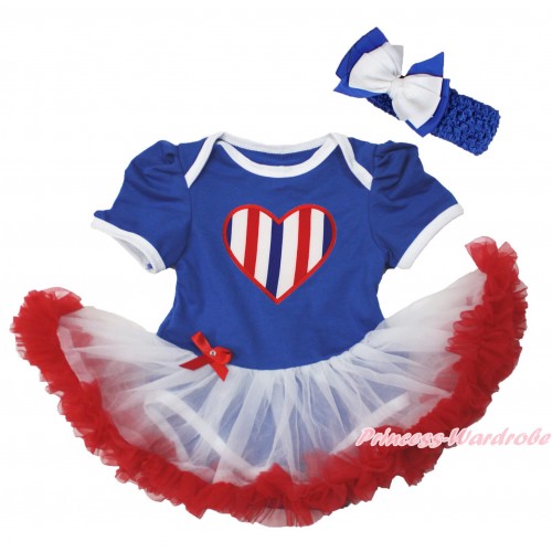 American's Birthday Royal Blue Baby Bodysuit White Red Pettiskirt & Red White Blue Striped Heart Print JS4512