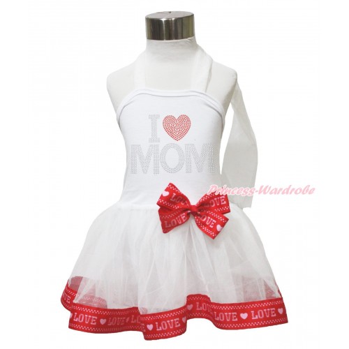 Mother's Day White & Red LOVE Trimmed Halter Dress & Sparkle Rhinestone I Love Mom LP212