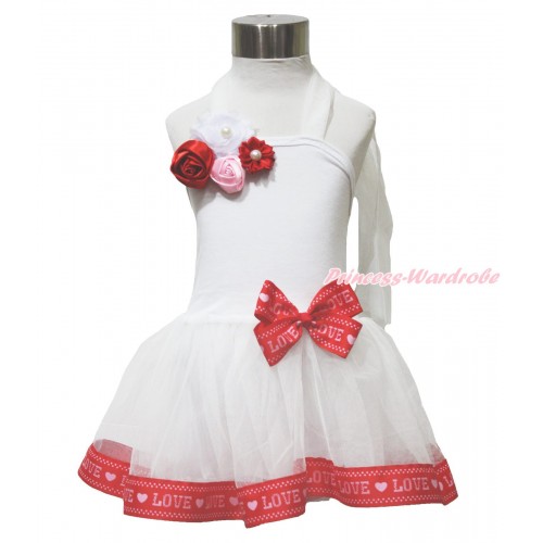 White & Red LOVE Trimmed Halter Dress & Red White Pink Pearl Rosettes Flower LP217
