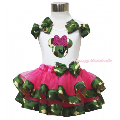 White Tank Top Camouflage Bows & Camouflage Minnie Print & Hot Pink Camouflage Trimmed Pettiskirt MG1599
