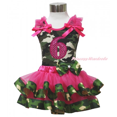 Camouflage Tank Top Hot Pink Ruffles & Bow & 6th Sparkle Hot Pink Birthday Number Print & Hot Pink Camouflage Trimmed Pettiskirt MG1712