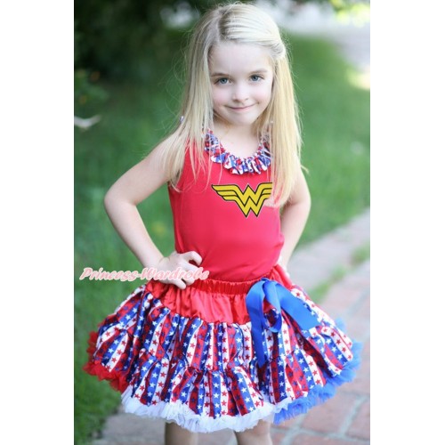 Red Tank Top Red White Blue Striped Star Lacing & Wonder Wamon Print & Red White Blue Striped Star Pettiskirt MG1725