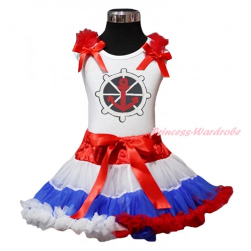 White Tank Top Red Ruffles & Bow & Red White Blue Anchor Print & Red White Blue Pettiskirt MG1729