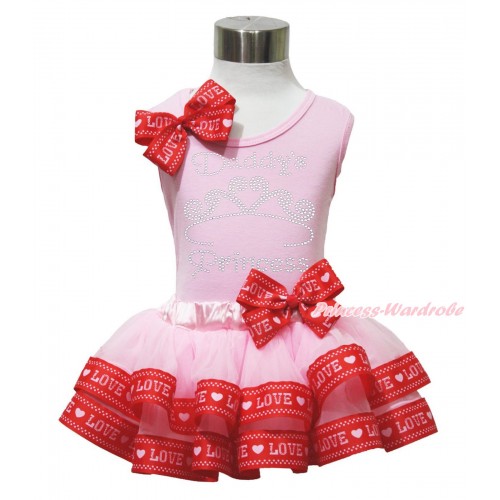 Valentine's Day Light Pink Baby Pettitop Red LOVE Bow & Sparkle Rhinestone Daddy's Princess Print & Light Pink Red LOVE Trimmed Baby Pettiskirt NG1744