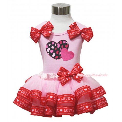 Valentine's Day Light Pink Baby Pettitop Red LOVE Bows & Hot Pink Sweet Twin Heart Print & Light Pink Red LOVE Trimmed Baby Pettiskirt NG1746
