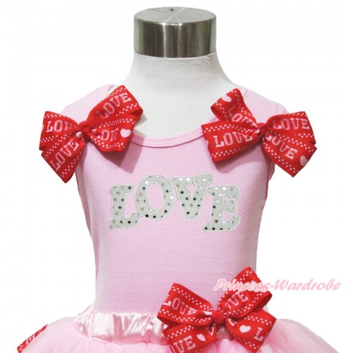 Valentine's Day Light Pink Tank Top Red LOVE Bows & Sparkle White LOVE Print TB1174
