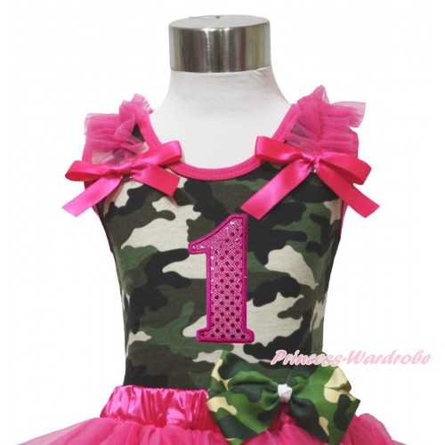Camouflage Tank Top Hot Pink Ruffle & Bow & 1st Sparkle Hot Pink Birthday Number Print TB1175