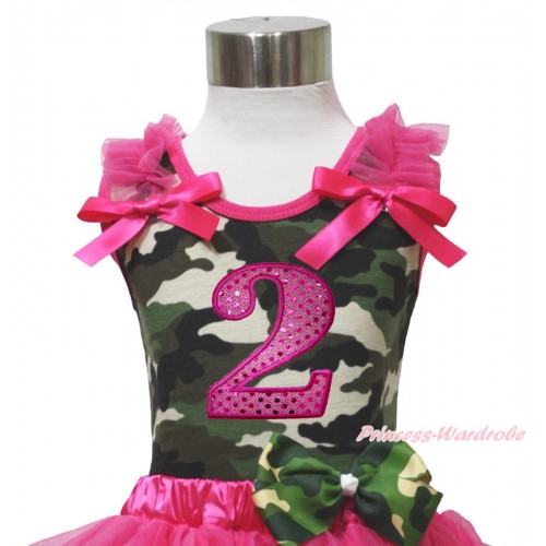 Camouflage Tank Top Hot Pink Ruffle & Bow & 2nd Sparkle Hot Pink Birthday Number Print TB1176