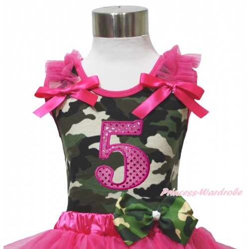 Camouflage Tank Top Hot Pink Ruffle & Bow & 5th Sparkle Hot Pink Birthday Number Print TB1179