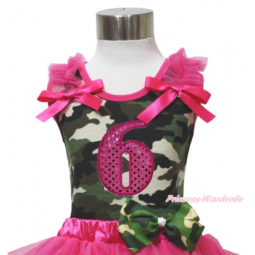 Camouflage Tank Top Hot Pink Ruffle & Bow & 6th Sparkle Hot Pink Birthday Number Print TB1180
