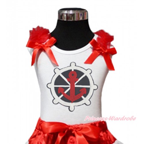 White Tank Top Red Ruffles & Bow & Red White Blue Anchor Print TB1186