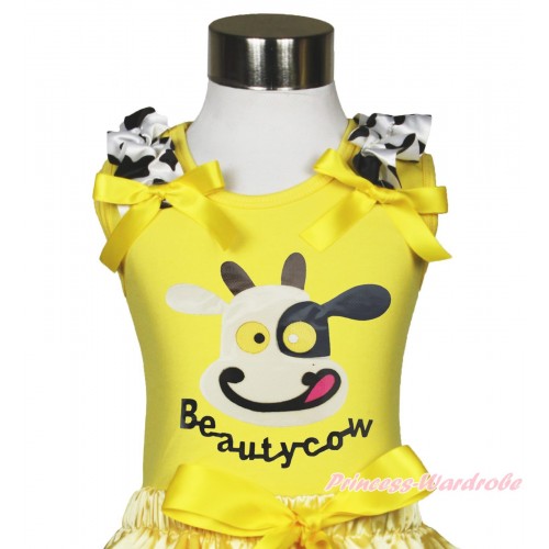 Yellow Tank Top Milk Cow Ruffle Yellow Bow & Beauty Cow Painting TB1189