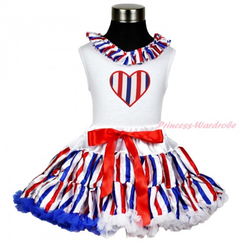 American's Birthday White Tank Top Red White Blue Striped Lacing & Striped Heart Print & Red White Blue Striped Pettiskirt MG1617