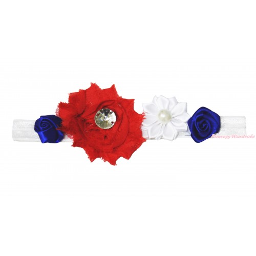  4th July White Headband & Red White Blue Vintage Garden Pearl Rosettes Flower H1020