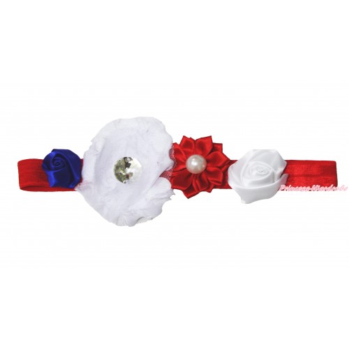  4th July Red Headband & Red White Blue Vintage Garden Pearl Rosettes Flower H1021