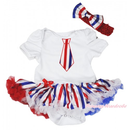 American's Birthday White Baby Bodysuit Red White Royal Blue Striped Pettiskirt & Red White Blue Striped Tie JS4485