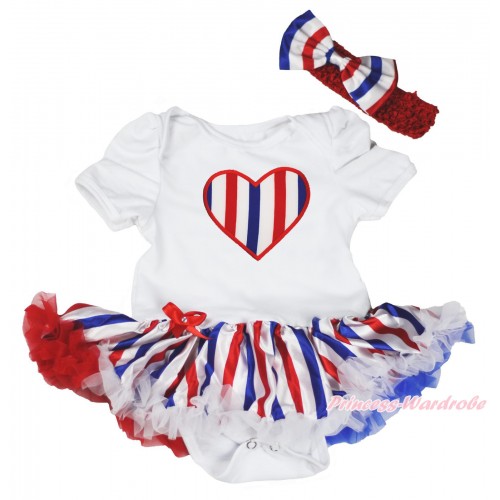 American's Birthday White Baby Bodysuit Red White Royal Blue Striped Pettiskirt & Red White Blue Striped Heart JS4486