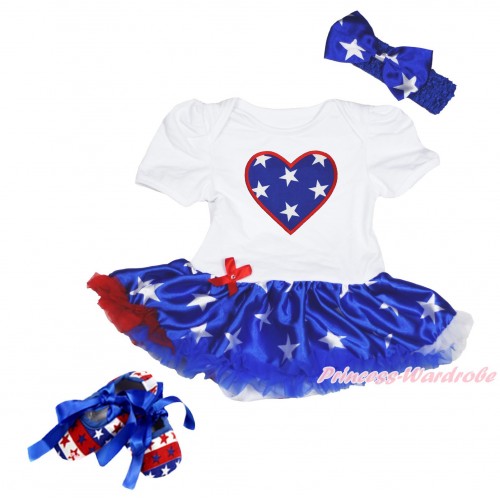 American's Birthday White Baby Bodysuit Patriotic American Star Pettiskirt & American Star Heart & Royal Blue Headband American Star Bow & Red White Blue Striped Star Shoes JS4487