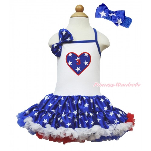 American's Birthday White Halter Patriotic American Star ONE-PIECE Dress & Star Satin Bow & 3rd Birthday Number American Star Heart LP207