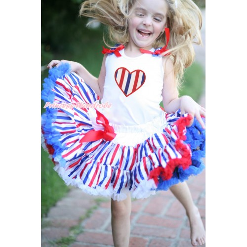 American's Birthday White Tank Top Patriotic American Star Ruffles Red Bows & Red White Blue Striped Heart Print & Red White Blue Striped Pettiskirt MG1619