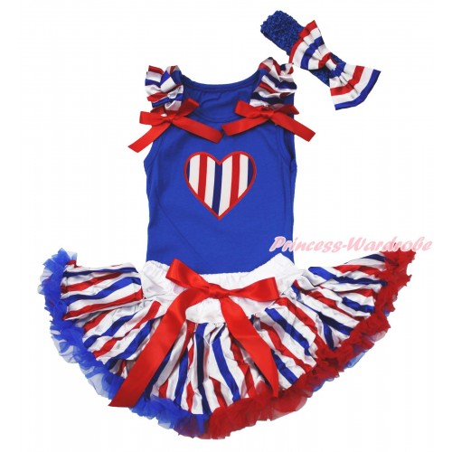 American's Birthday Royal Blue Baby Pettitop Red White Blue Striped Ruffles Red Bows & Red White Blue Striped Heart Print & Red White Blue Striped Newborn Pettiskirt NG1688