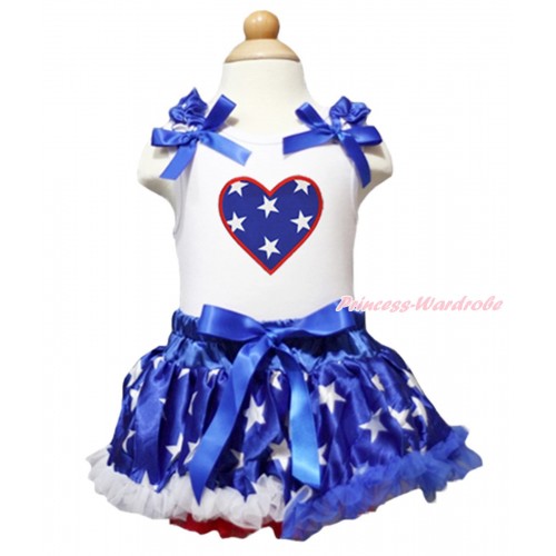 American's Birthday White Baby Pettitop Patriotic American Star Ruffles Royal Blue Bows & American Star Heart & Patriotic American Star Newborn Pettiskirt NN304