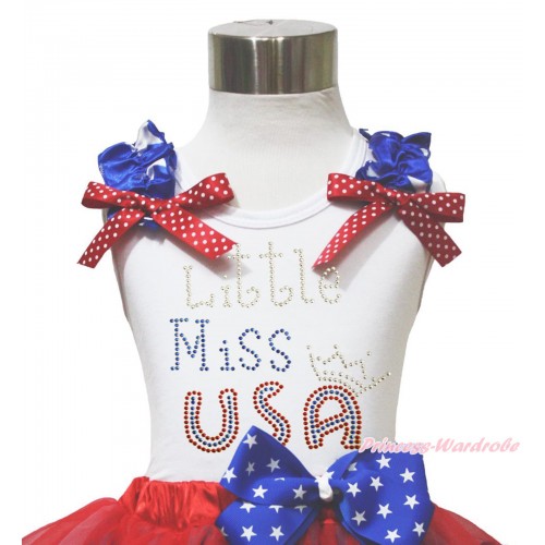 American's Birthday 4th July White Tank Top Patriotic Star Ruffle Red White Dot Bow Sparkle Rhinestone Little Miss USA TB1143