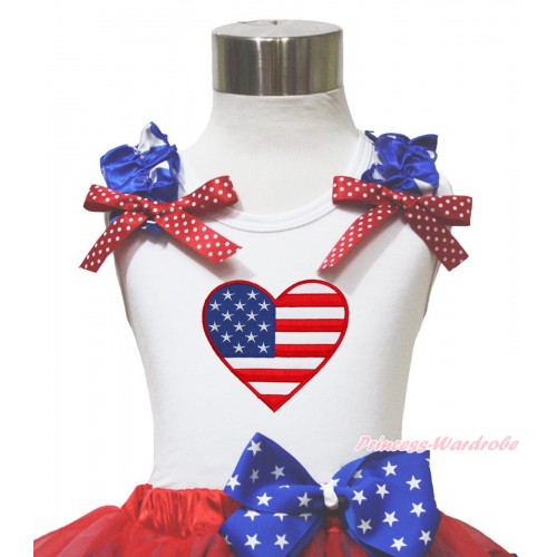 American's Birthday 4th July White Tank Top Patriotic Star Ruffle Red White Dot Bow USA Heart TB1144