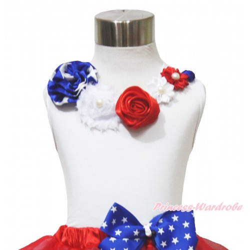 American's Birthday 4th July White Tank Top Patriotic Star Satin Pearl Flower Rosettes Lacing TB1146