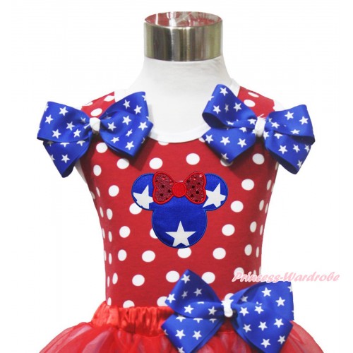 American's Birthday 4th July Red White Dot Minnie Tank Tops Patriotic Star Satin Twin Bow & Minnie TP278