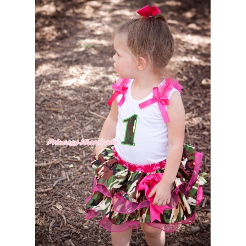 White Baby Pettitop Hot Pink Ruffles Bow & Birthday Camouflage 1ST & Hot Pink Bow Camouflage Newborn Pettiskirt NG1694
