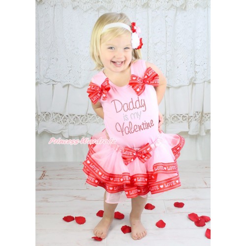 Valentine's Day Light Pink Tank Top Red LOVE Bows & Rhinestone Daddy Is My Valentine Print & Light Pink Red LOVE Trimmed Pettiskirt MG1675