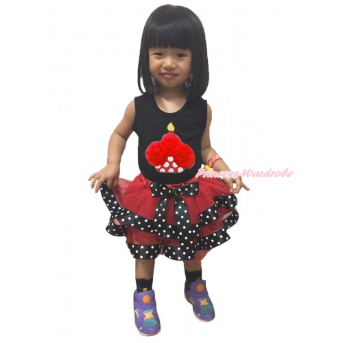 Black Tank Top Red Rosettes Minnie Dots Birthday Cake Print & Red Black White Dots Trimmed Pettiskirt MG1679
