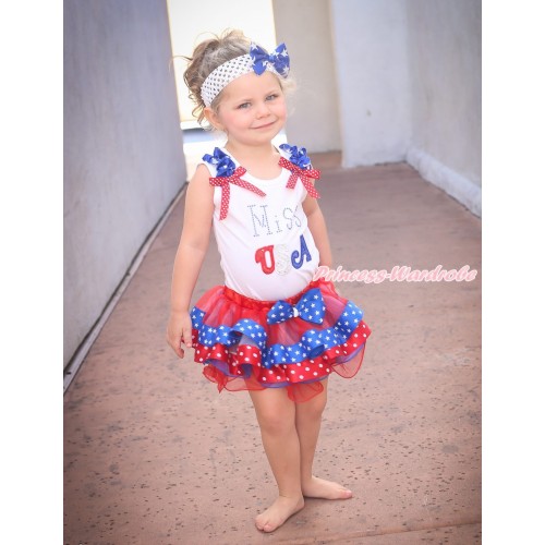 American's Birthday White Baby Pettitop Star Ruffle Minnie Dot Bow Rhinestone Miss USA & Red Minnie Blue Patriotic Star Satin Trimmed Baby Pettiskirt NN323