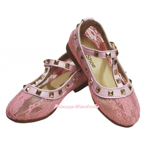 Light Pink Lace Enamel T Strap Stud Rivet Slip On Shoes 8818LightPink