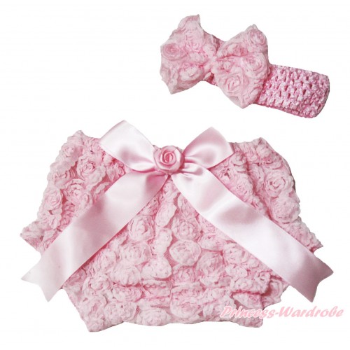 Light Pink Romantic Rose Panties Bloomers & Rose Bow & Headband Rosettes Bow BC196