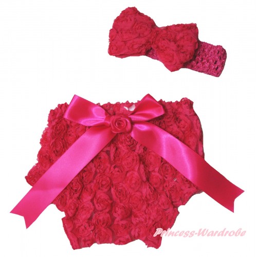 Hot Pink Romantic Rose Panties Bloomers & Rose Bow & Headband Rosettes Bow BC197