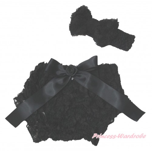Black Romantic Rose Panties Bloomers & Rose Bow & Headband Rosettes Bow BC198