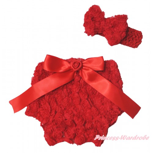 Hot Red Romantic Rose Panties Bloomers & Rose Bow & Headband Rosettes Bow BC201