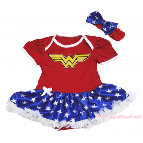 Red Baby Bodysuit Patriotic American Star Pettiskirt & Wonder Woman Print JS4518