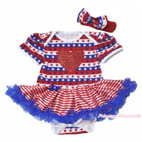Valentine's Day Red White Blue Striped Star Baby Bodysuit Red White Striped Pettiskirt & Sparkle Red Heart Print JS4525