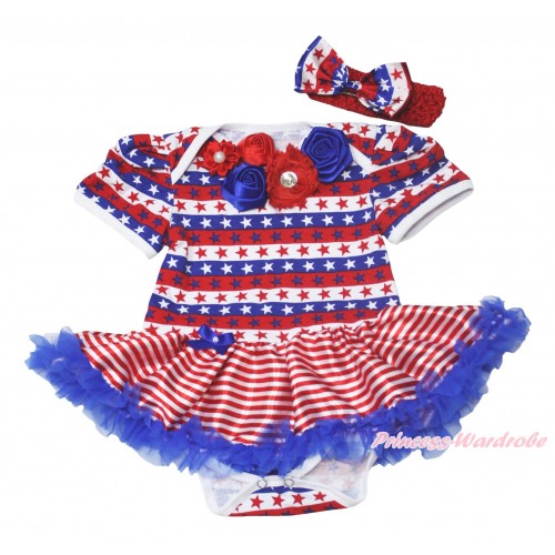 American's Birthday Red White Blue Striped Star Baby Bodysuit Red White Striped Pettiskirt & Red Royal Blue Vintage Garden Rosettes Lacing JS4527