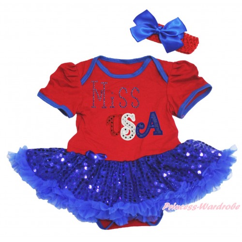 American's Birthday Red Baby Bodysuit Bling Royal Blue Sequins Pettiskirt & Sparkle Rhinestone Miss USA Print JS4537