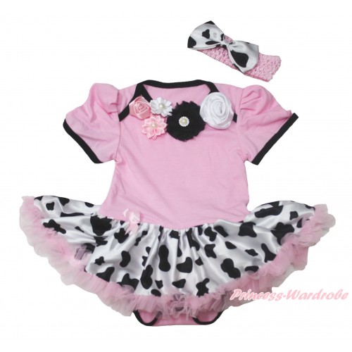 Light Pink Baby Bodysuit Milk Cow Pettiskirt & Pink White Black Vintage Garden Rosettes Lacing JS4542