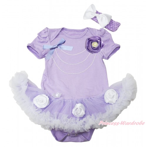 Lavender Baby Bodysuit Lavender White Rose Pettiskirt & Rose Sparkle Rhinestone Necklace Print JS4553