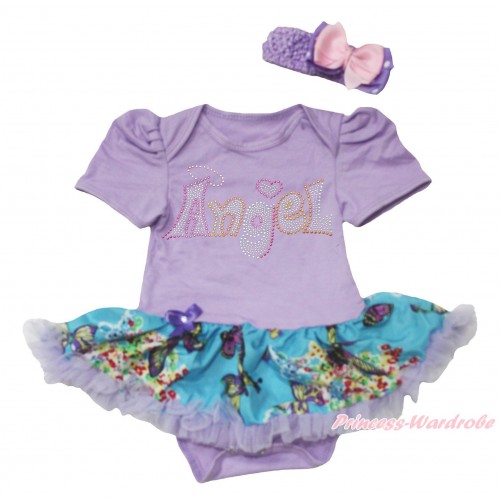 Lavender Baby Bodysuit Peacock Blue Butterfly Pettiskirt & Sparkle Rhinestone Angel Print JS4558