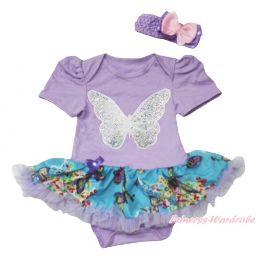Lavender Baby Bodysuit Peacock Blue Butterfly Pettiskirt & Sparkle White Butterfly Print JS4559