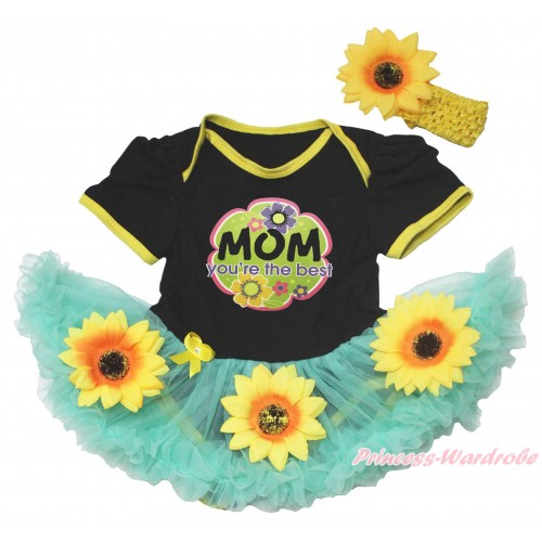 Mother's Day Black Baby Bodysuit Summer Sunflower Aqua Blue Pettiskirt & MOM You're The Best Painting JS4568