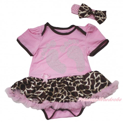 Light Pink Baby Bodysuit Giraffe Light Pink Pettiskirt & Sparkle Rhinestone Foot Print JS4574