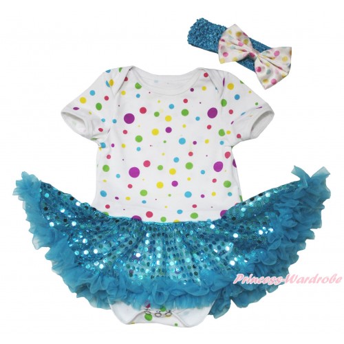 White Rainbow Dots Baby Bodysuit Bling Light Blue Sequins Pettiskirt JS4576